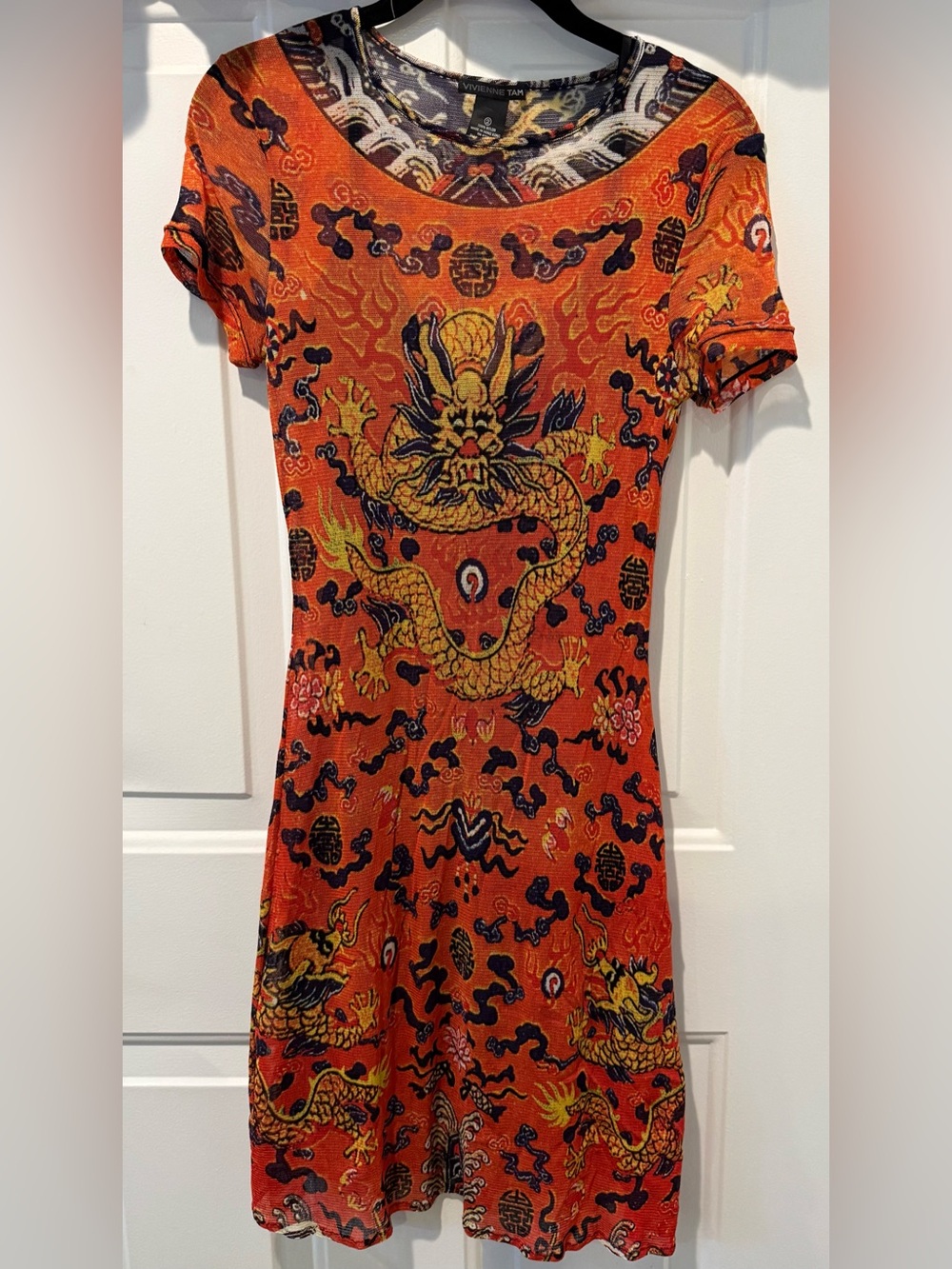 Vivienne Tam Orange Yellow Mesh Dragon Design Short Sleeve Dress Lined Sz 2 XS